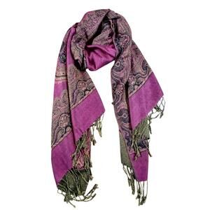 Foulard Pashmina Soie Rose Noir Motif Paisley Cachemire Châle Boho avec Franges